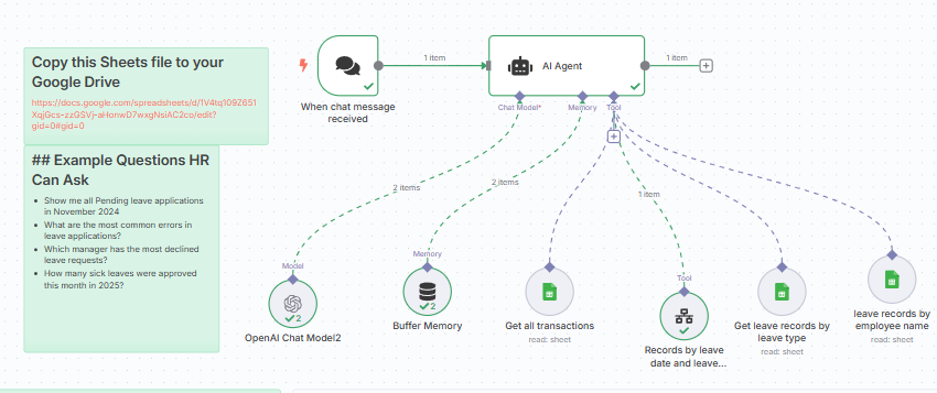 AI Agent + Memory + Sheets